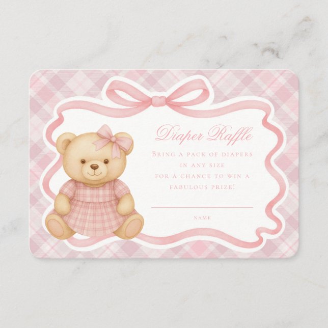 Cartão De Informações Pink Coquette Bow Bear Plaid Diaper Raffle Card (Frente)