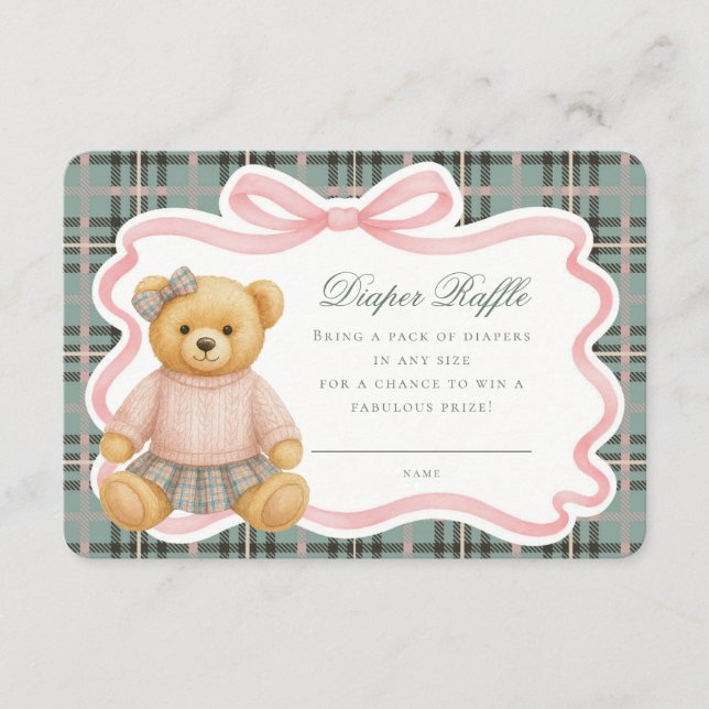 Cartão De Informações Pink Coquette Bow Bear Tartan Diaper Raffle Card (Frente)
