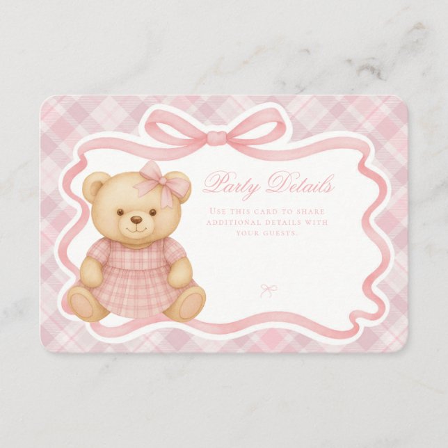 Cartão De Informações Pink Coquette Bow Bear Tartan Plaid Details Card (Frente)
