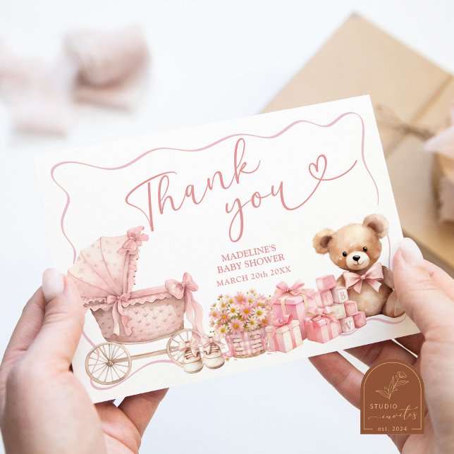 Cartão De Informações Pink Coquette Carriage Baby Shower Thank You Card (Criador carregado)