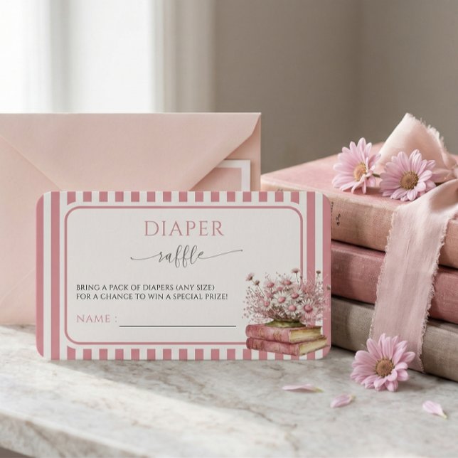 Cartão De Informações Pink Floral Book Baby Shower Diaper Raffle Card  (Criador carregado)