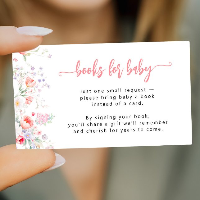 Cartão De Informações Pink floral Books for Baby shower book request (Criador carregado)