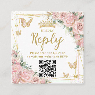 Cartão De Informações Pink Floral Butterflies Quinceanera RSVP QR Code