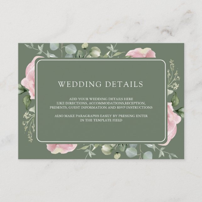 Cartão De Informações Pink Floral Eucalyptus Sage Green Wedding Details (Frente)