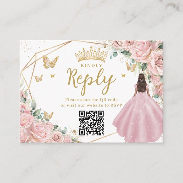 Cartão De Informações Pink Floral Princess Quinceanera RSVP QR Code (Frente)