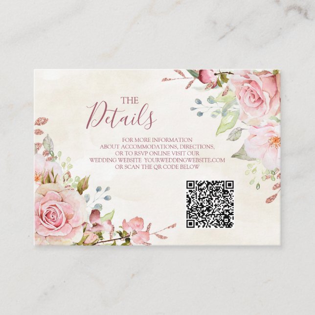 Cartão De Informações Pink Floral Spring Wedding QR code Details Insert (Frente)