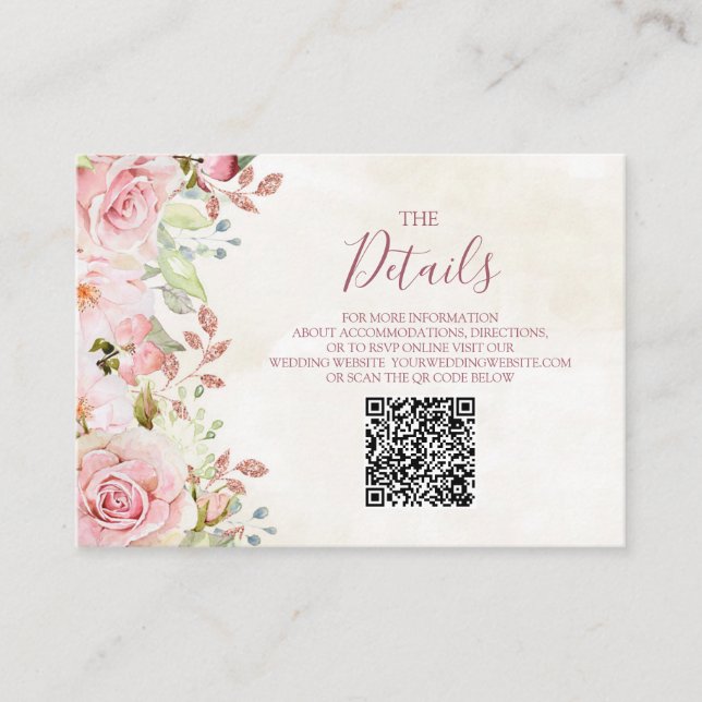 Cartão De Informações Pink Floral Spring Wedding QR code Details Insert (Frente)