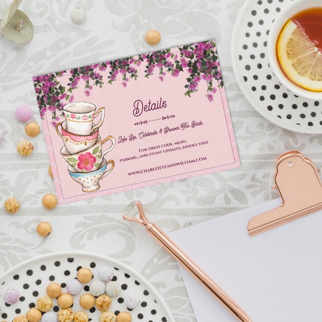 Cartão De Informações Pink Floral Stacked Teacups Bridal Shower Details (Pink Floral Stacked Teacups Bridal Shower Details Enclosure Card)