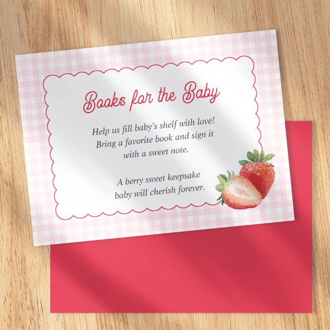 Cartão De Informações Pink Gingham Strawberry-Books for Baby Cards (Berry Sweet, Strawberry with pink gingham-Books for baby card. Spring Baby Girl shower insert card.)