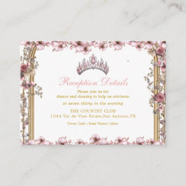 Cartão De Informações Pink Golden Tiara Floral Quinceañer Enclosure Card
