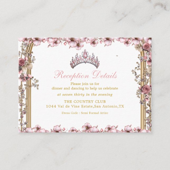 Cartão De Informações Pink Golden Tiara Floral Quinceañer Enclosure Card (Frente)