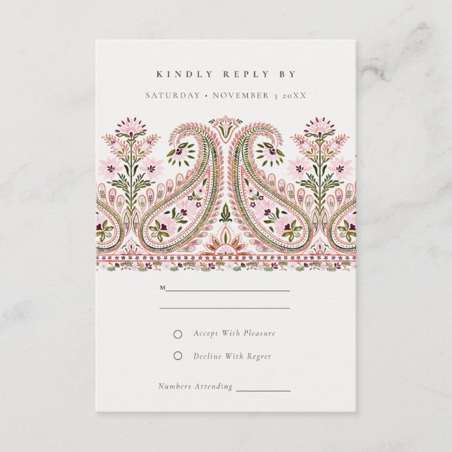Cartão De Informações Pink Green Floral Paisley Motif Weding RSVP (Frente)