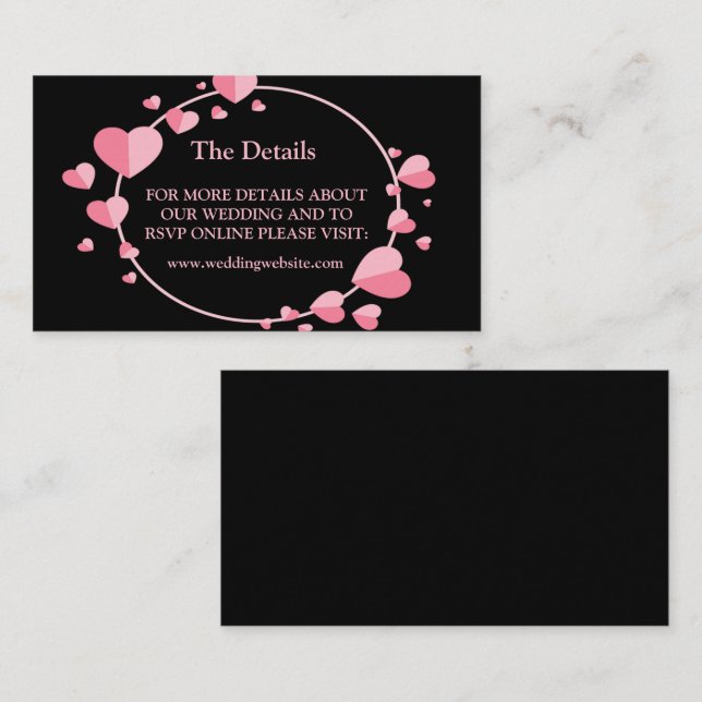 Cartão De Informações Pink Heart Pattern Black Geometric Wedding Detail (Frente/Verso)