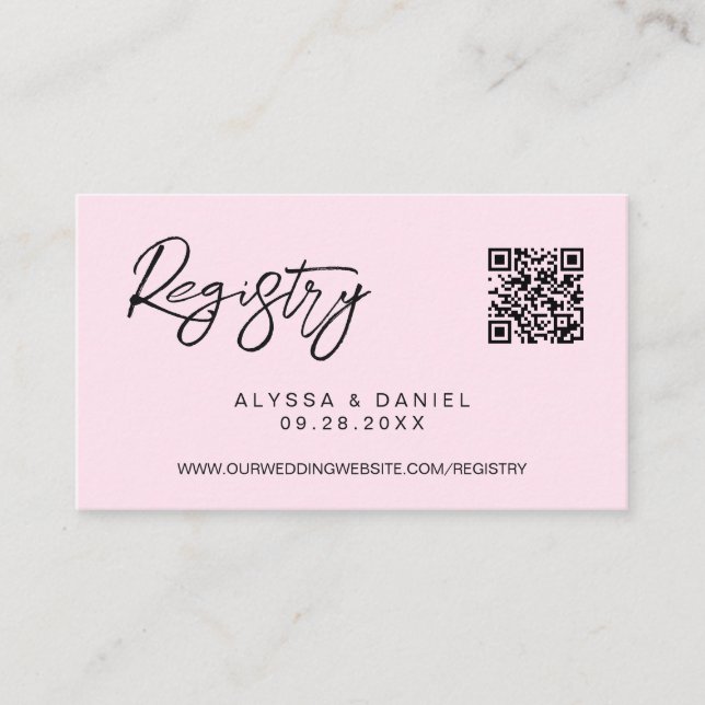 Cartão De Informações Pink Modern QR code wedding registry custom small (Frente)