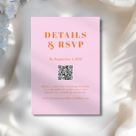 Cartão De Informações Pink Orange Bold Font QR Code Wedding RSVP 