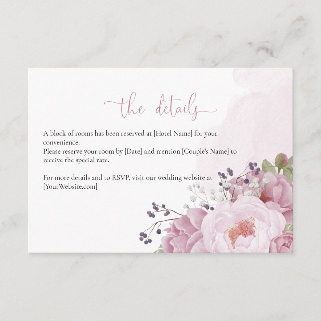 Cartão De Informações Pink Peony Wedding Details Card (Frente)
