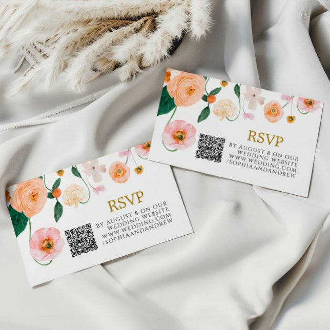 Cartão De Informações Pink Poppy Floral Weding QR RSVP (Criador carregado)