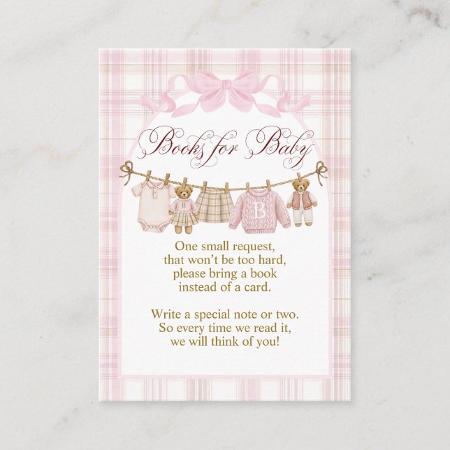 Cartão De Informações Pink Preppy Teddy Bear Girl Baby Shower books (Frente)