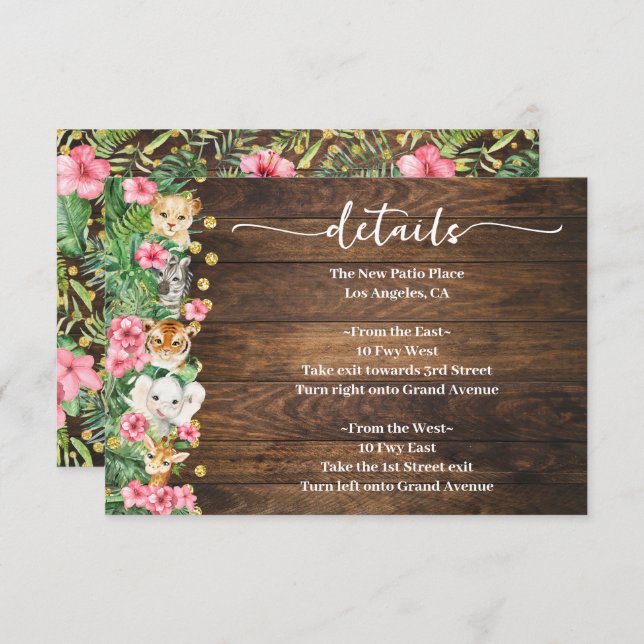Cartão De Informações Pink Rustic Wild Safari Animals Baby Shower Detail (Frente/Verso)
