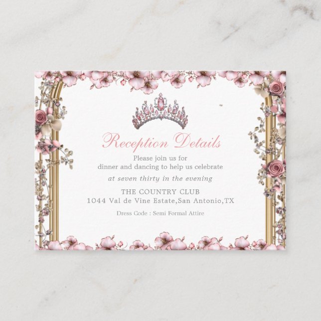 Cartão De Informações Pink Silver Tiara Floral Quinceañer Enclosure Card (Frente)