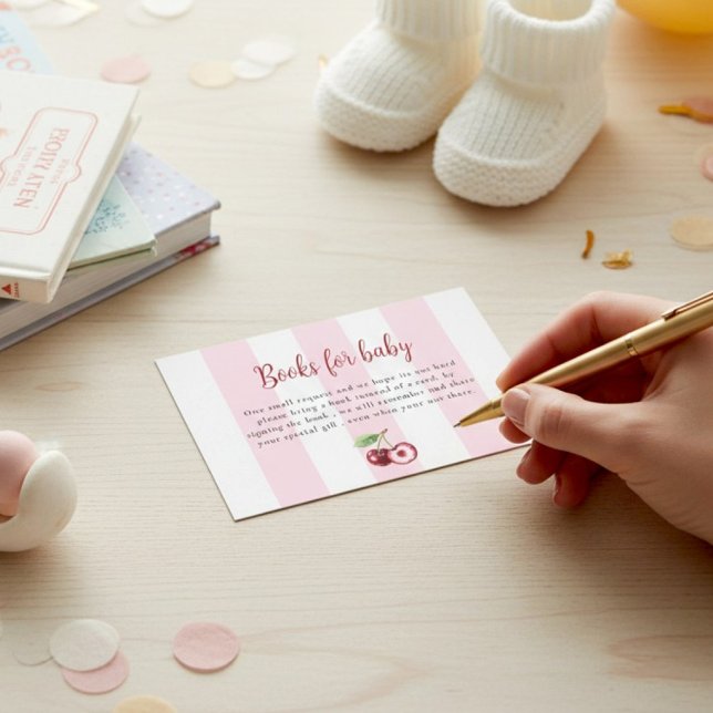 Cartão De Informações Pink Stripes Cherry Books for Baby Shower  (Criador carregado)