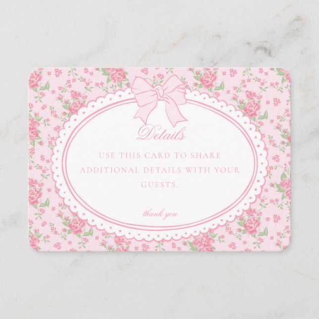 Cartão De Informações Pink Vintage Fancy Floral Details Card Invite (Frente)