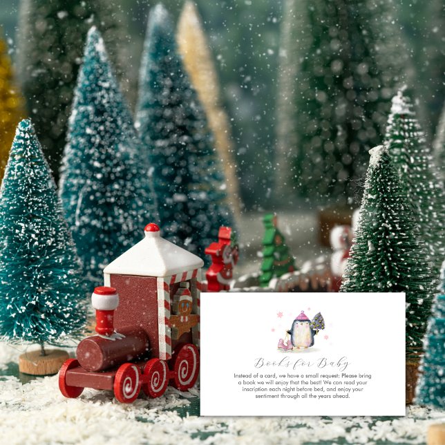 Cartão De Informações Pink Winter Skate Penguin Books for Baby Shower  (Pink Winter Skate Penguin Books for Baby Shower Enclosure Card)