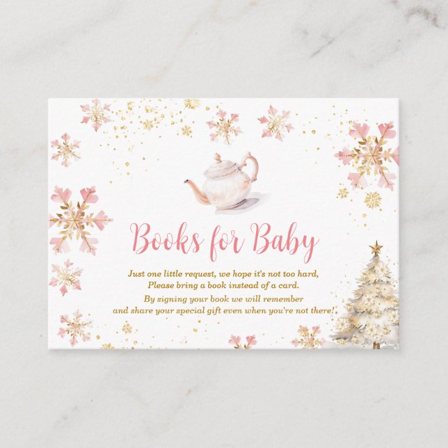 Cartão De Informações Pink Winter Tea Party Baby Shower Books for Baby (Frente)