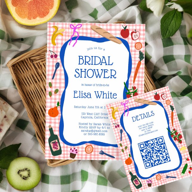 Cartão De Informações Piquenique de Xadrez Moderno Fofo QR Personalizado (Gingham Picnic Modern Cute CUSTOM QR Bridal Shower Enclosure Card
)