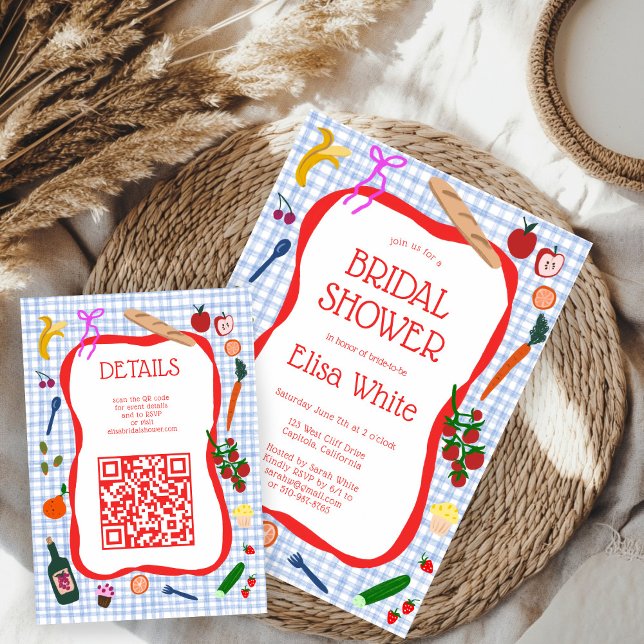 Cartão De Informações Piquenique Xadrez Moderno Fofo QR Personalizado Ch (Gingham Picnic Modern Cute CUSTOM QR Bridal Shower Enclosure Card
)