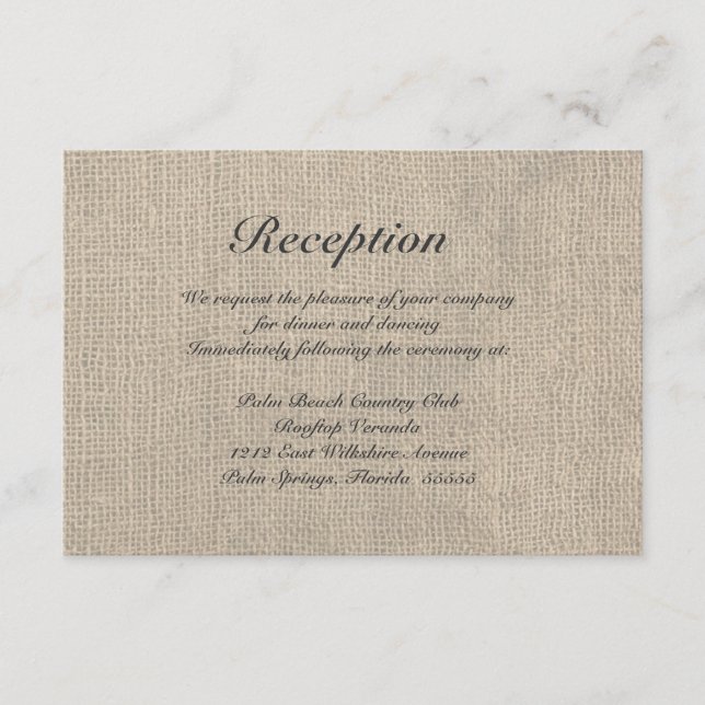 Cartão De Informações Placa Burlap Rustic Recepção de casamento Directio (Frente)