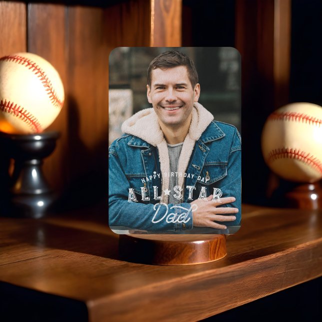 Cartão De Informações Placa de basebol de Pai All-Star com fotografia e  (Birthday Photo & Stats All-Star Dad Baseball Card Front )