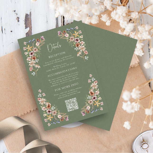 Cartão De Informações Placa de Detalhes do Sage Boho (Boho Sage Green Wildflower Detail Card QR Code by Painted Paperie
)