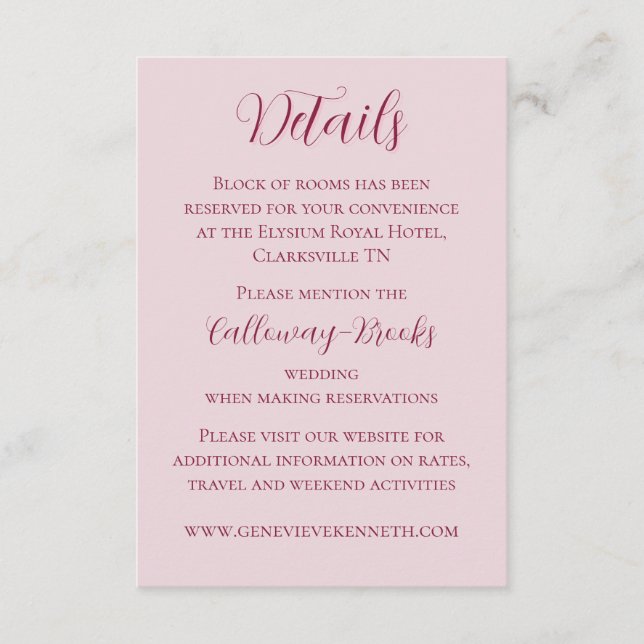 Cartão De Informações Placa de gabinete de casamento vermelho-embebido e (Frente)