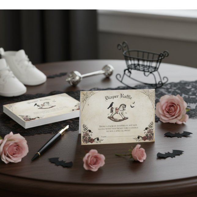 Cartão De Informações Placa de gabinete de Fralda gótica Raffle (Elegant Gothic Halloween Girl Baby Shower Diaper Raffle Enclosure Card. Vintage Rocking Horse, Roses)