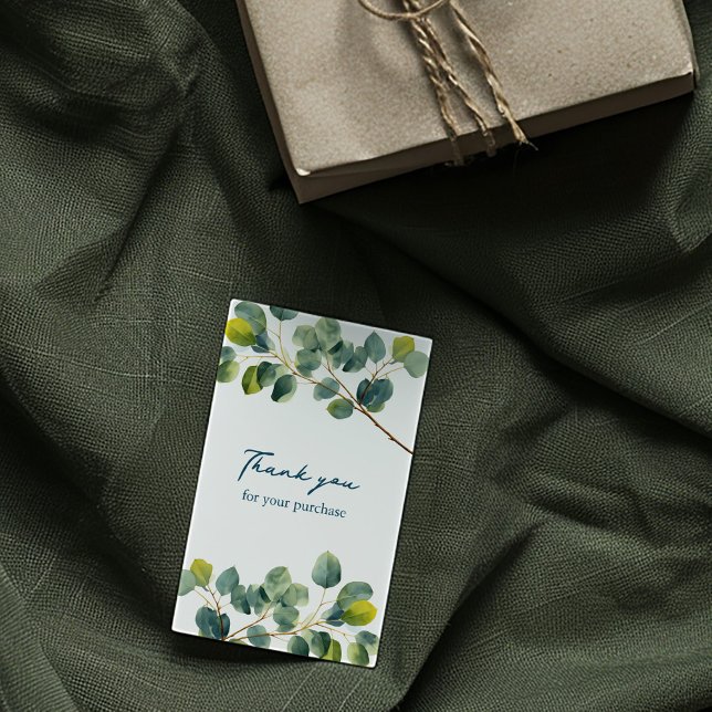 Cartão De Informações Placa de gabinete do obrigado verde Eucalyptus (Eucalyptus thank you enclosure card with handwritten script and greenery illustration)