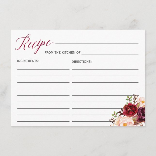 Cartão De Informações Placa de Receita do Chá de panela Floral Vermelho  (Frente)