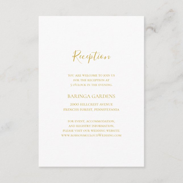 Cartão De Informações Placa de Recepção de casamento Dourada Elegante Si (Frente)