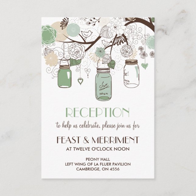 Cartão De Informações Placa de Recepção de casamento Mason Jars Verde (Frente)