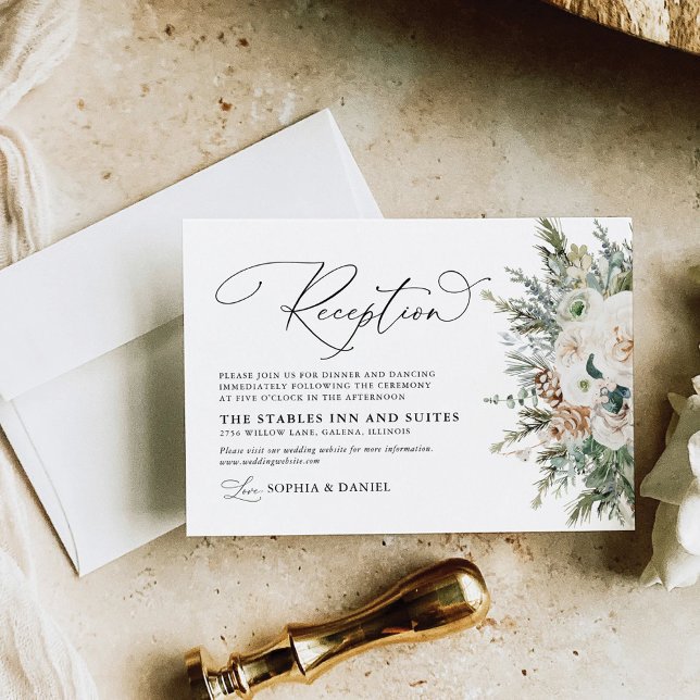 Cartão De Informações Placa de Recepção de casamento Rustic Winter Pinec (Criador carregado)