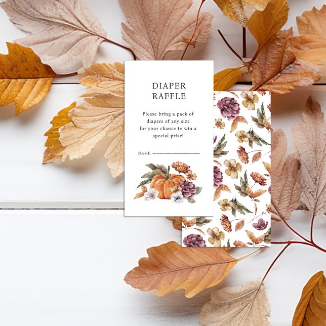 Cartão De Informações Placa Raffle de Fralda de abóbora (Fall Diaper Raffle Enclosure Card for Baby Shower Bridal Shower Pumpkins Watercolor Floral)