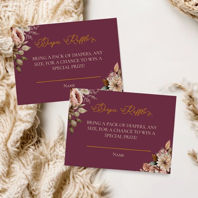 Cartão De Informações Placa Raffle de Fralda Floral de Borgonha Elegante (Criador carregado)