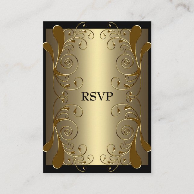 Cartão De Informações Placa RSVP Floral de Glam Dourado Preto (Frente)