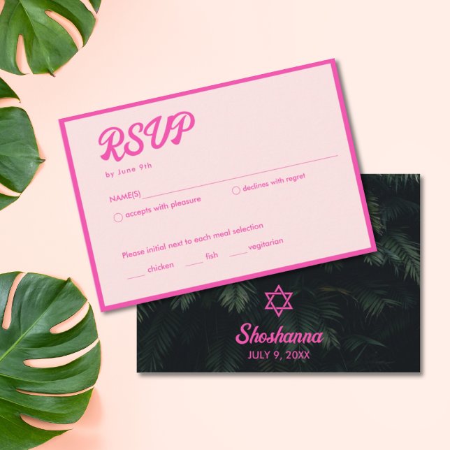 Cartão De Informações Placa RSVP Tropical Neon Pink Bat Mitzvah (Tropical Neon Pink Bat Mitzvah RSVP Card
)