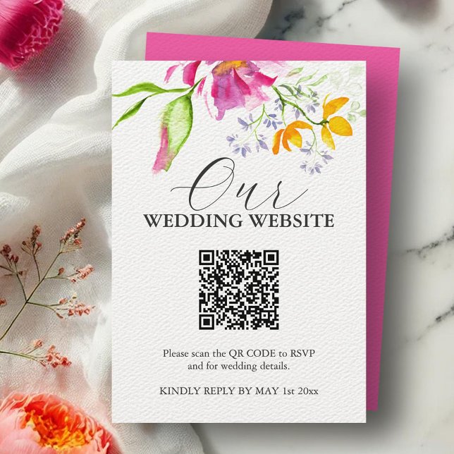 Cartão De Informações Placas de Invólucro Floral Rosa Vibrante (Wedding website card watercolor floral art by Victoria Grigaliunas of Do Tell A Belle)