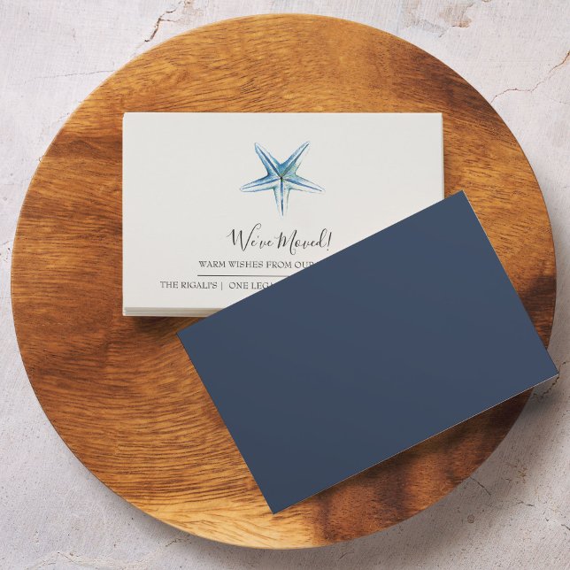 Cartão De Informações Placas de lançamento em movimento de praia (Small We've moved moving announcement card features watercolor starfish art by Victoria Grigaliunas)