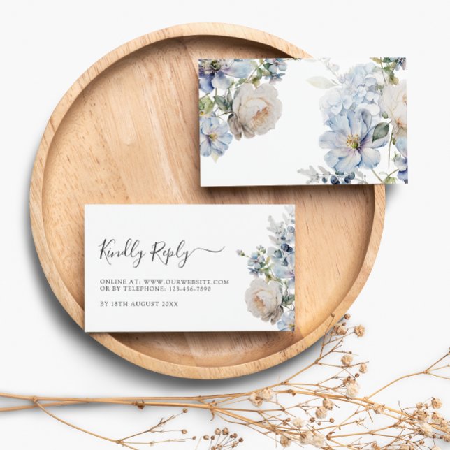 Cartão De Informações Placas RSVP de Casamento Floral Azul e Branco Eleg (Criador carregado)