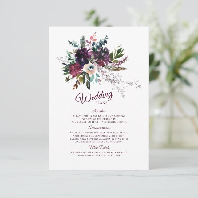 Cartão De Informações Planos de Casamento Floral Boho, Esplendor Burgund (Em pé/Frente)