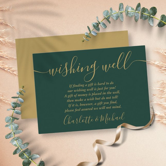 Cartão De Informações Poço de Desejos Casamento Esmeralda Verde e Dourad (Wishing Well Emerald Green And Gold Wedding Enclosure Card)