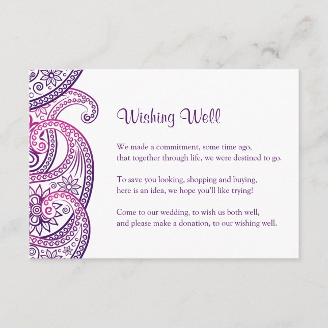 Cartão De Informações Poço de Desejos de Casamento Indiano, Paisley Roxo (Frente)